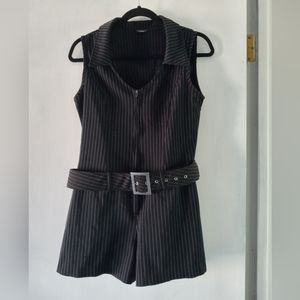 COPY - Pinstripe (black/ white strips) 1 piece shorts w/ belt. Zip up front